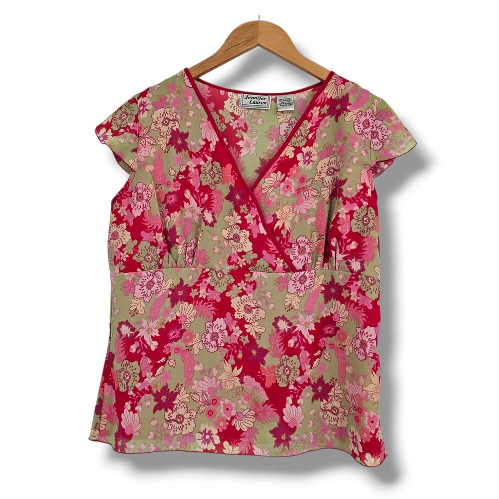 Jennifer Lauren Womens Floral V-Neck Faux Wrap‎ Top Pink Sage Green Size Large